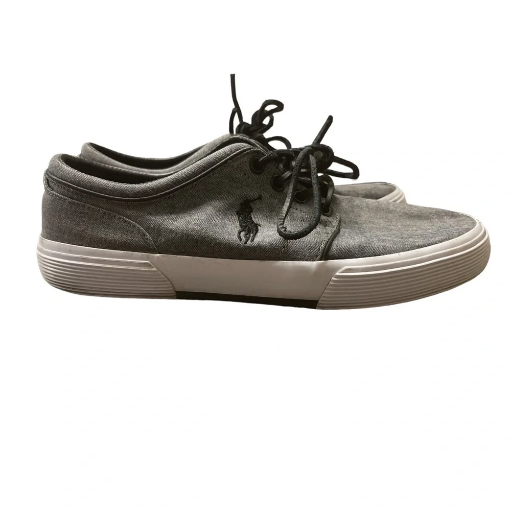 Polo Ralph Lauren Gray Canvas Sneaker Shoes Leather Laces Size 8 GUC #3145
